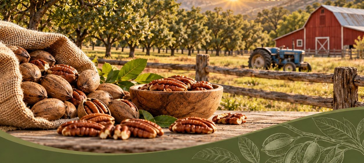 A pecan orchard and red barn in San Saba, Texas